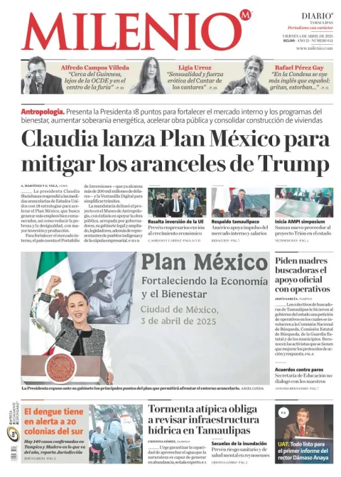Portada de Milenio Tamaulipas del viernes, 4 de abril de 2025