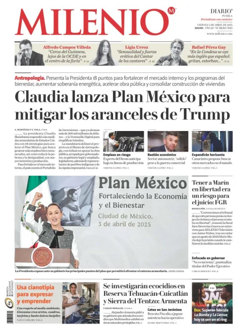 Portada de Milenio Puebla del viernes, 4 de abril de 2025