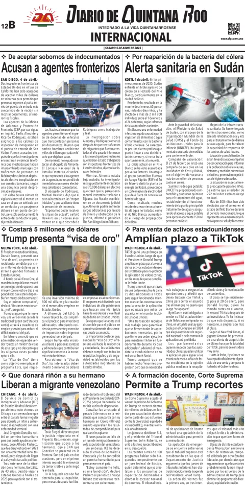 Portada de Diario de Quintana Roo (contra Portada) del sábado, 5 de abril de 2025