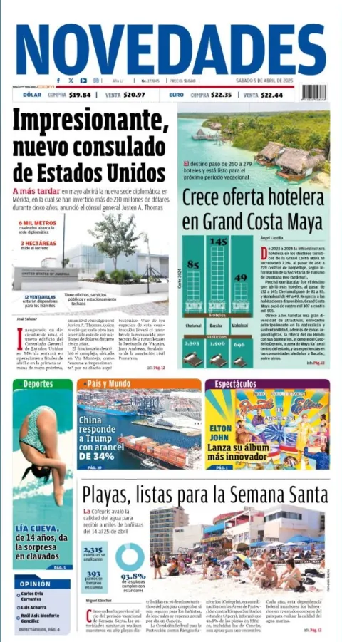 Portada de Novedades Quintana Roo del sábado, 5 de abril de 2025