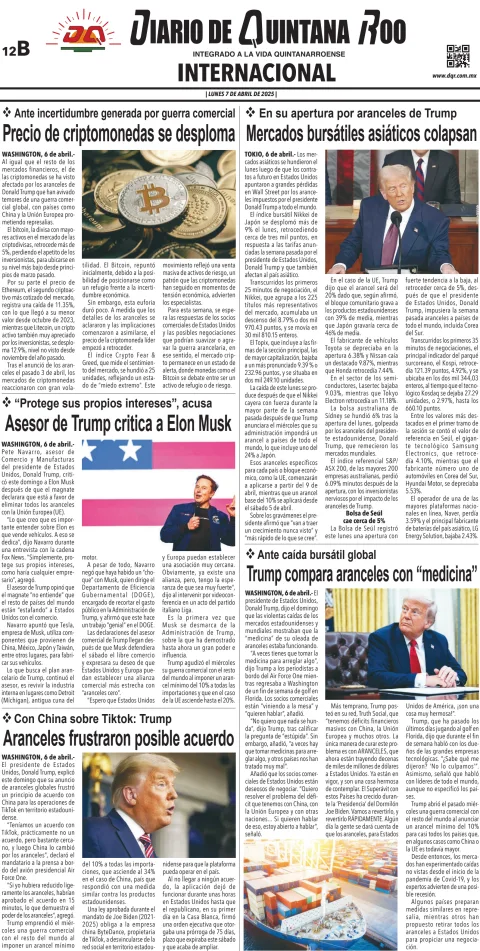 Portada de Diario de Quintana Roo (contra Portada)