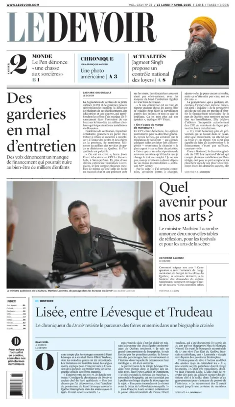 Portada de Le Devoir del lunes, 7 de abril de 2025