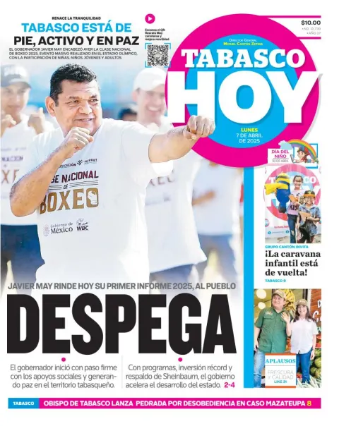 Portada de Tabasco Hoy del lunes, 7 de abril de 2025