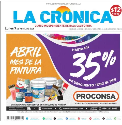 Portada de La Cronica del lunes, 7 de abril de 2025