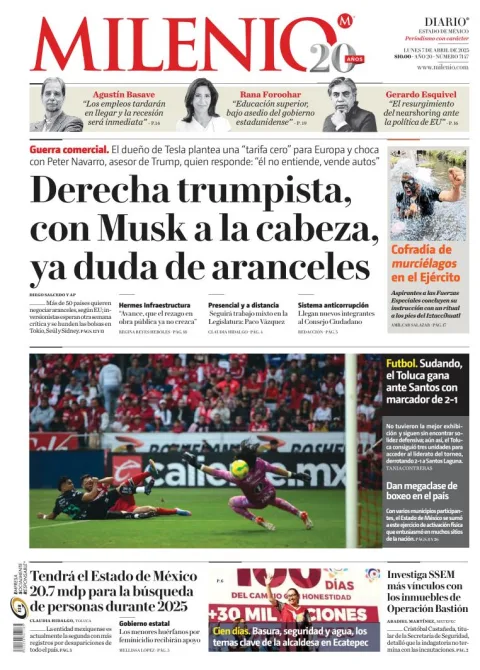 Portada de Milenio Edo de Mexico del lunes, 7 de abril de 2025