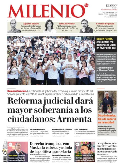 Portada de Milenio Puebla del lunes, 7 de abril de 2025