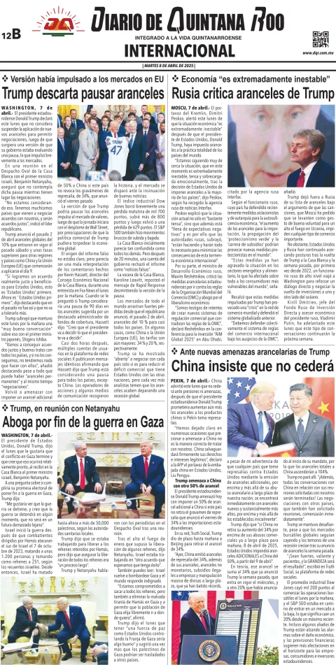 Portada de Diario de Quintana Roo (contra Portada)
