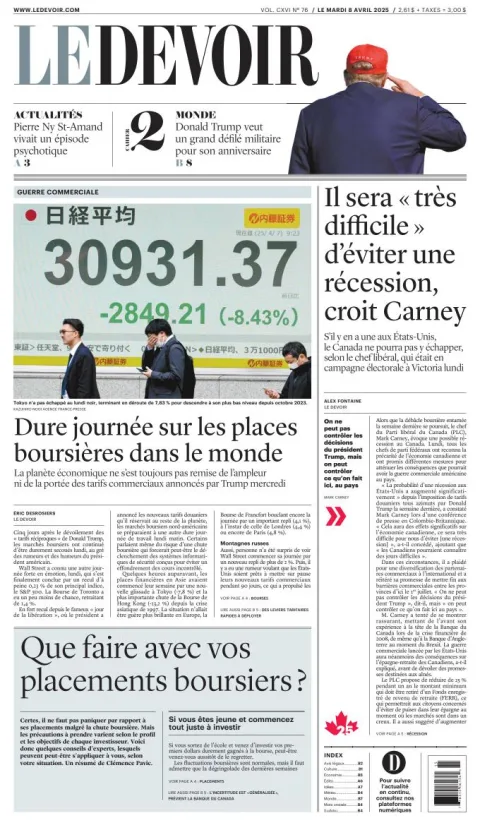 Portada de Le Devoir del martes, 8 de abril de 2025