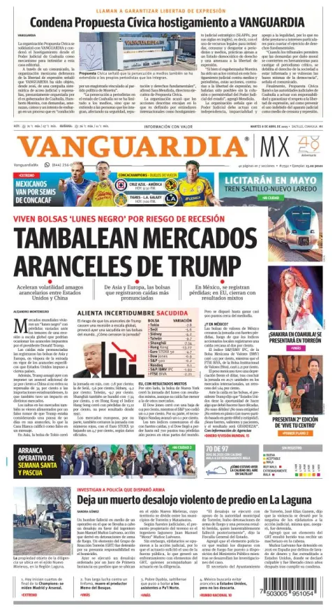 Portada de Vanguardia del martes, 8 de abril de 2025