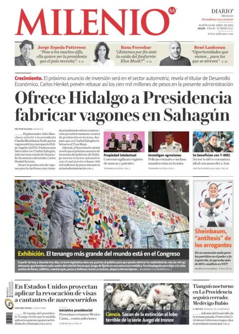 Portada de Milenio Hidalgo del martes, 8 de abril de 2025
