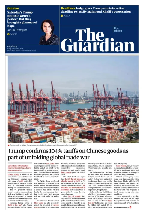 Portada de The Guardian (usa) del miércoles, 9 de abril de 2025