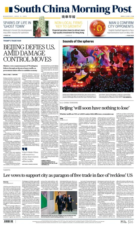 Portada de South China Morning Post del miércoles, 9 de abril de 2025