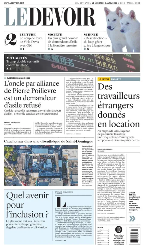 Portada de Le Devoir del miércoles, 9 de abril de 2025