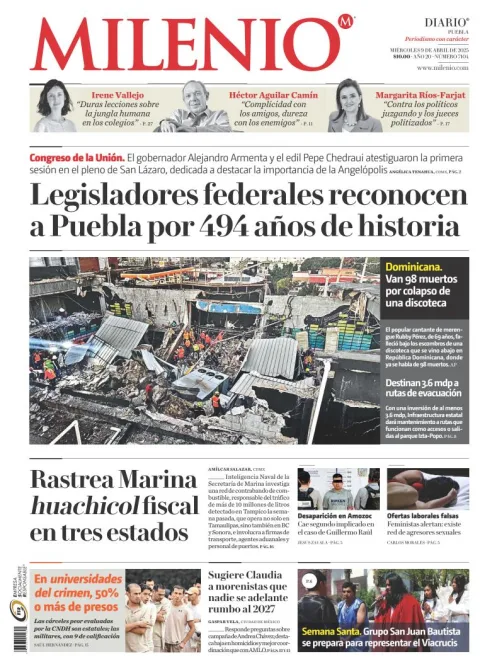 Portada de Milenio Puebla del miércoles, 9 de abril de 2025