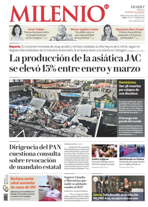 Portada de Milenio Hidalgo del miércoles, 9 de abril de 2025