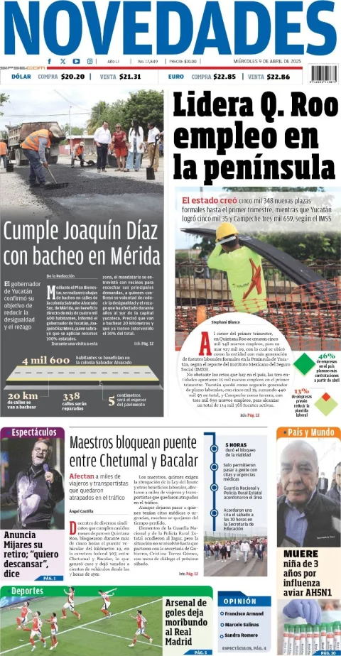 Portada de Novedades Quintana Roo del miércoles, 9 de abril de 2025