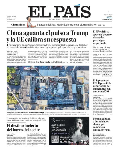 Portada de El Pais del miércoles, 9 de abril de 2025