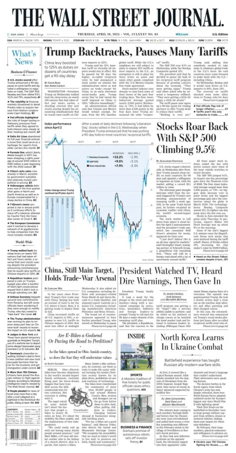 Portada de The Wall Street Journal del jueves, 10 de abril de 2025