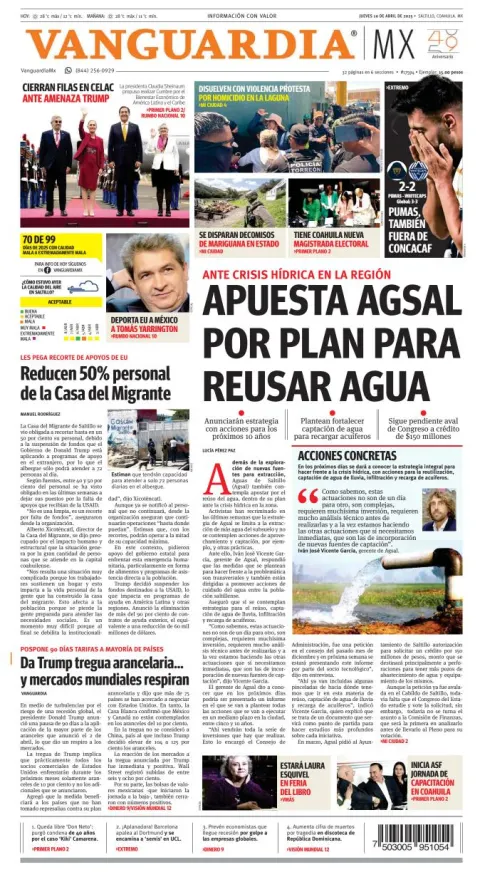 Portada de Vanguardia del jueves, 10 de abril de 2025