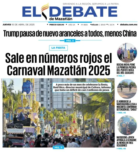 Portada de El Debate de Mazatlan del jueves, 10 de abril de 2025
