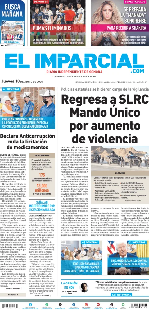Portada de El Imparcial del jueves, 10 de abril de 2025