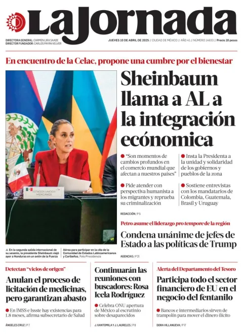 Portada de La Jornada del jueves, 10 de abril de 2025