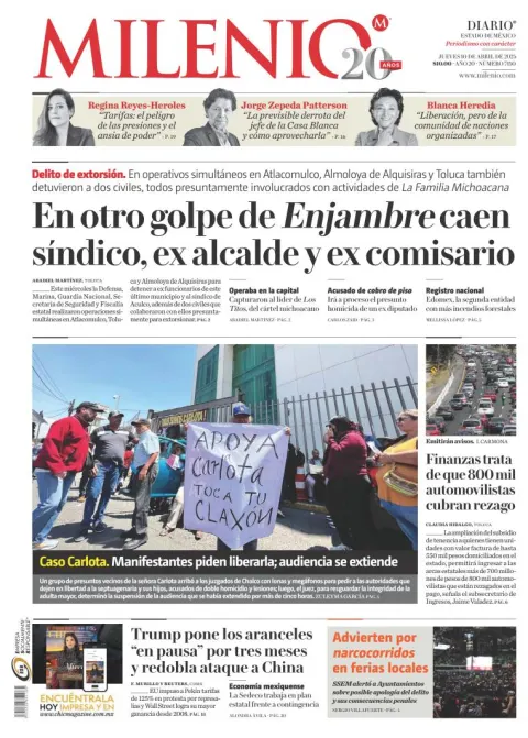 Portada de Milenio Edo de Mexico del jueves, 10 de abril de 2025