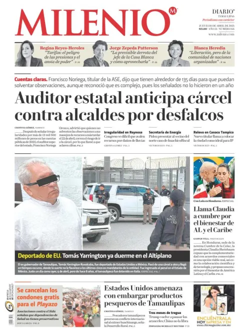 Portada de Milenio Tamaulipas del jueves, 10 de abril de 2025
