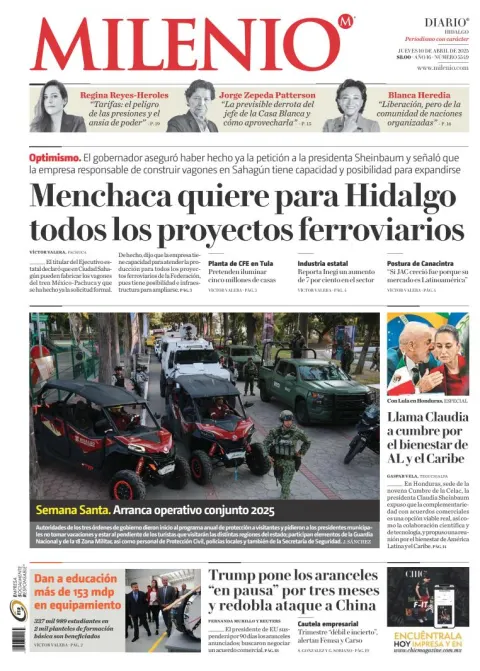 Portada de Milenio Hidalgo del jueves, 10 de abril de 2025