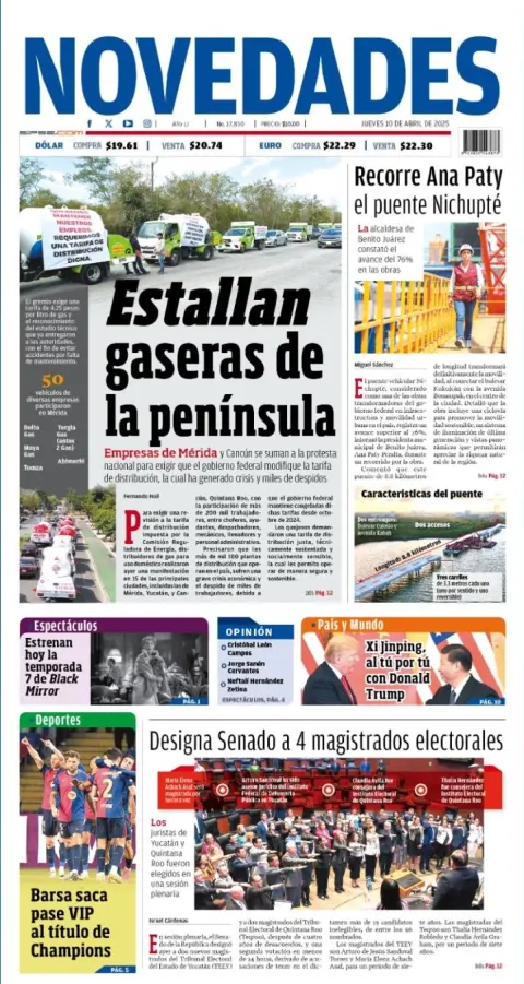 Portada de Novedades Quintana Roo del jueves, 10 de abril de 2025