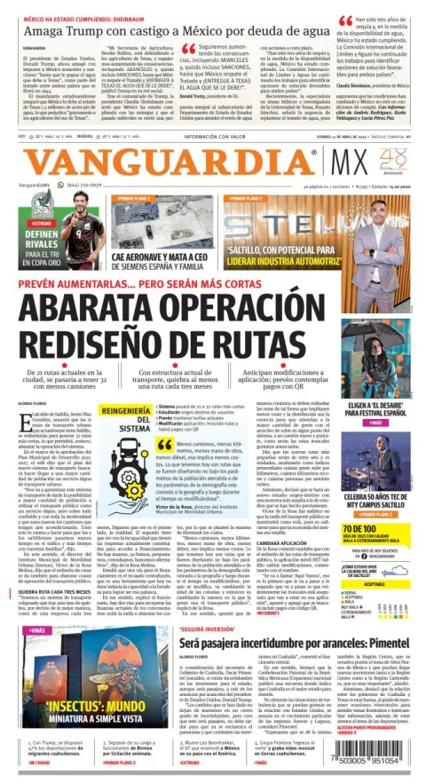 Portada de Vanguardia del viernes, 11 de abril de 2025
