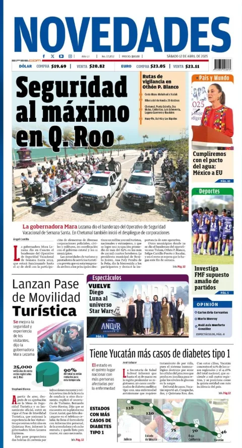 Portada de Novedades Quintana Roo del sábado, 12 de abril de 2025