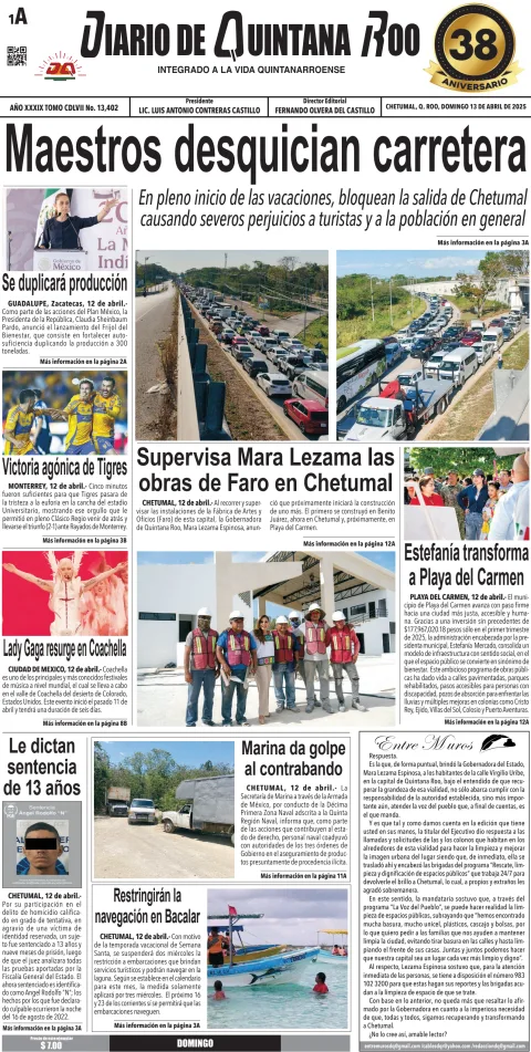Portada de Diario de Quintana Roo (portada) del domingo, 13 de abril de 2025