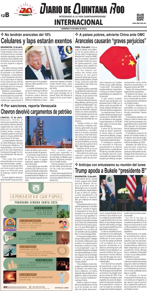 Portada de Diario de Quintana Roo (contra Portada) del domingo, 13 de abril de 2025