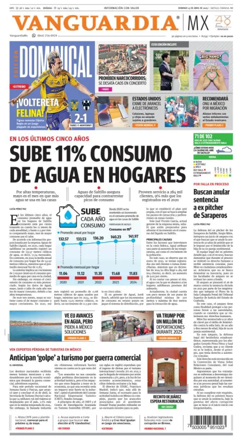 Portada de Vanguardia del domingo, 13 de abril de 2025