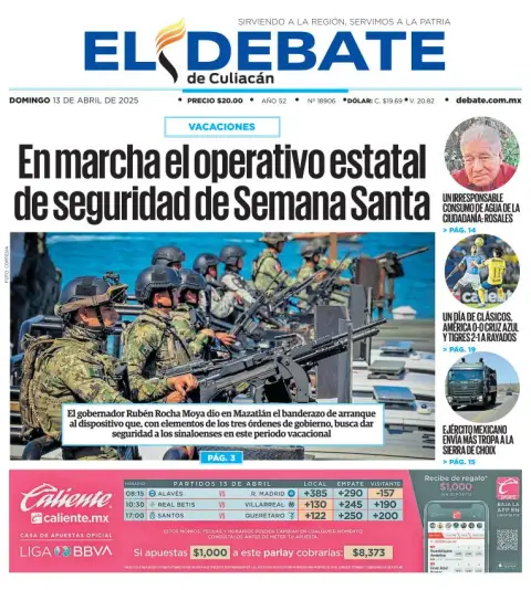 Portada de El Debate de Culiacan del domingo, 13 de abril de 2025
