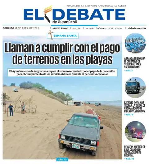 Portada de El Debate de Guamuchil del domingo, 13 de abril de 2025