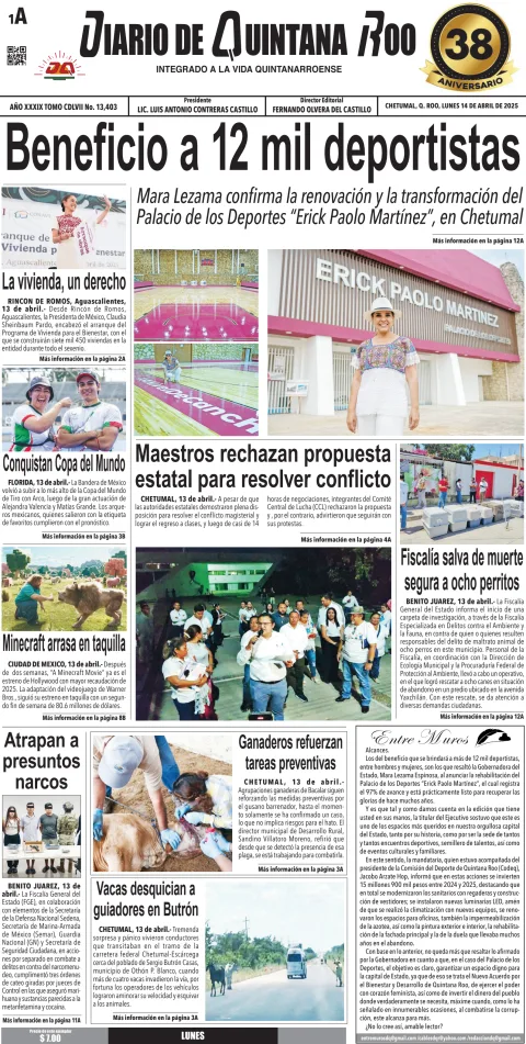 Portada de Diario de Quintana Roo (portada)