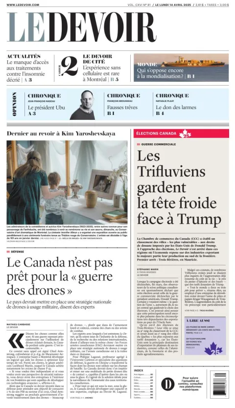 Portada de Le Devoir del lunes, 14 de abril de 2025