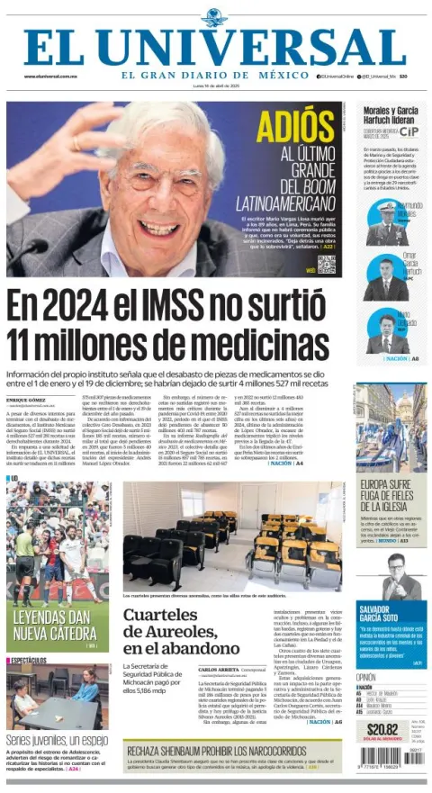 Portada de El Universal del lunes, 14 de abril de 2025