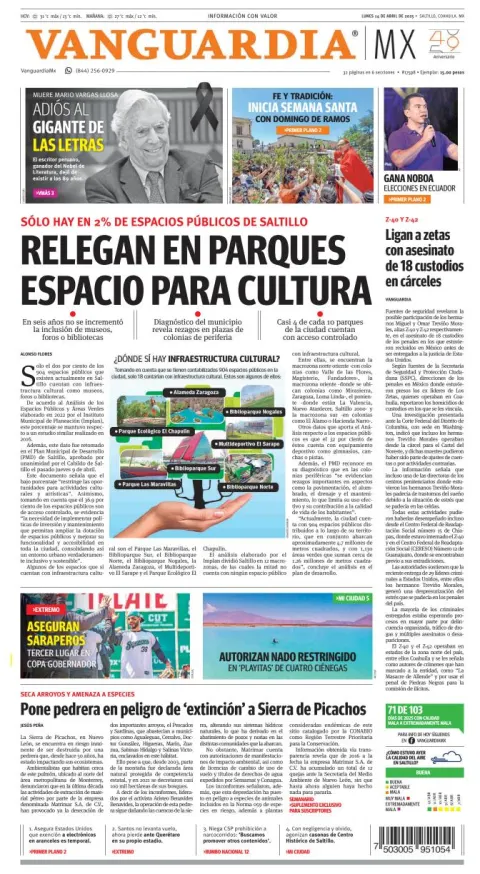 Portada de Vanguardia del lunes, 14 de abril de 2025