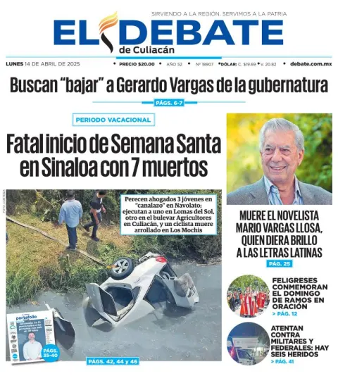 Portada de El Debate de Culiacan del lunes, 14 de abril de 2025