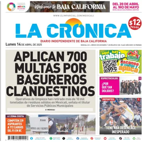 Portada de La Cronica del lunes, 14 de abril de 2025