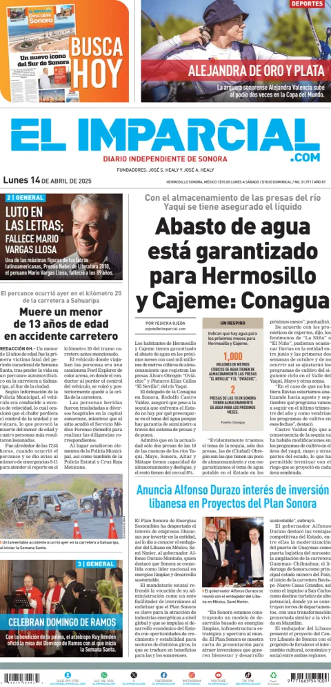 Portada de El Imparcial del lunes, 14 de abril de 2025
