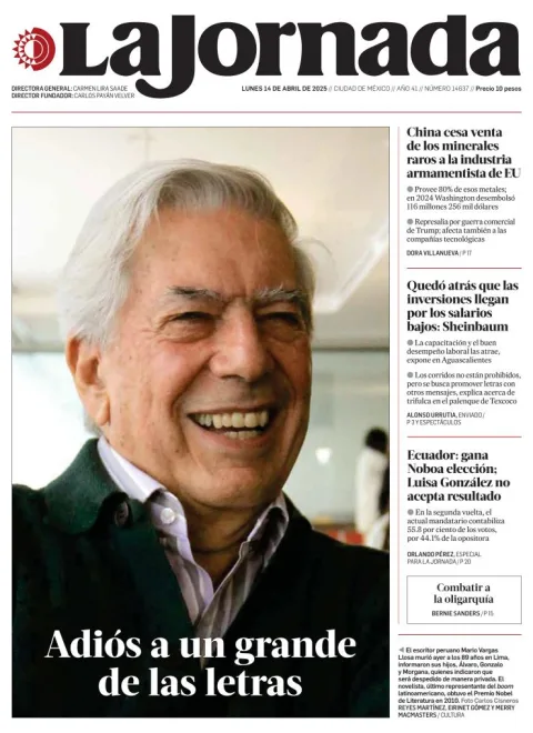 Portada de La Jornada del lunes, 14 de abril de 2025