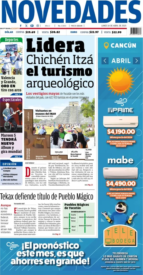 Portada de Novedades Quintana Roo del lunes, 14 de abril de 2025