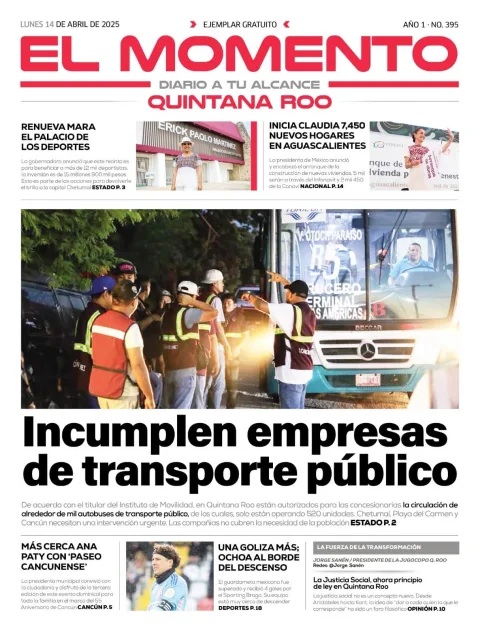 Portada de El Momento Quintana Roo del lunes, 14 de abril de 2025
