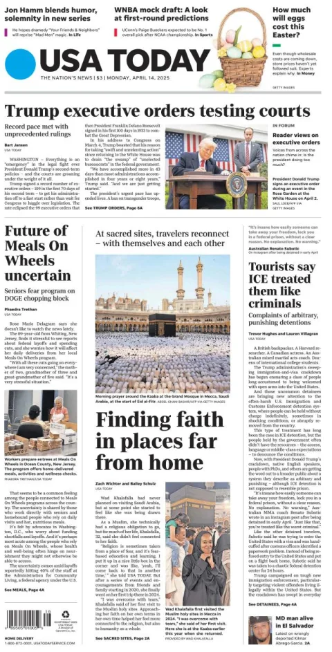 Portada de Usa Today del lunes, 14 de abril de 2025