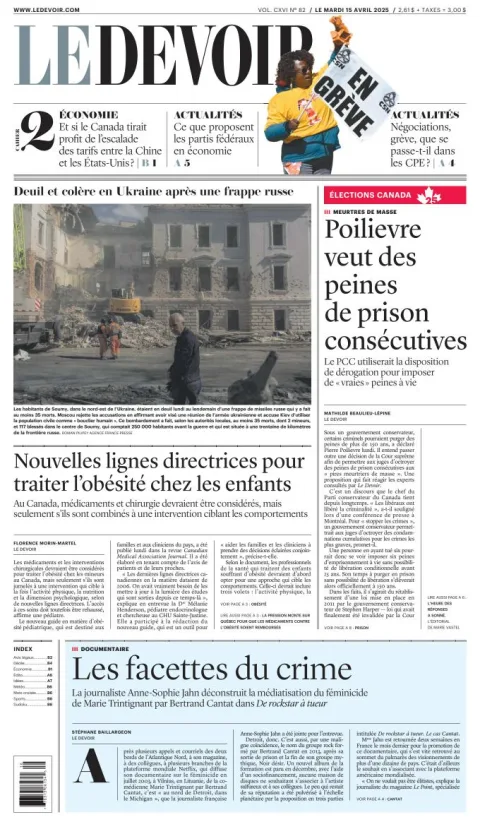 Portada de Le Devoir del martes, 15 de abril de 2025