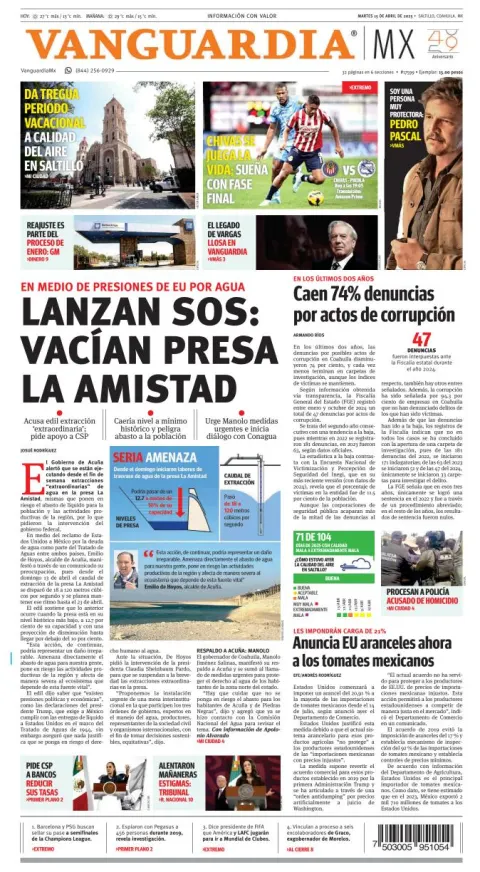 Portada de Vanguardia del martes, 15 de abril de 2025